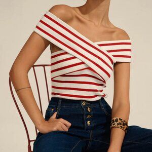 NWT Commense Striped Off-Shoulder Cross Knit Top, Medium